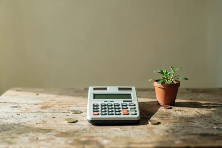 Calculadora antiga sobre mesa de madeira com plantas e moedas ao lado