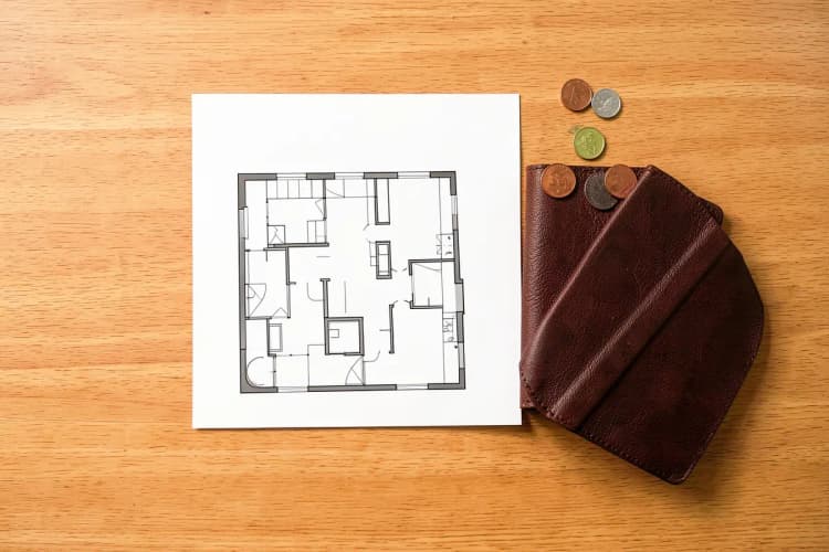 Planta baixa de um apartamento sendo comparada com uma régua e calculadora sobre uma mesa