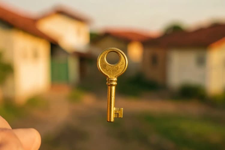 Uma pessoa segurando uma chave dourada com um fundo desfocado de casas em Balneário Piçarras