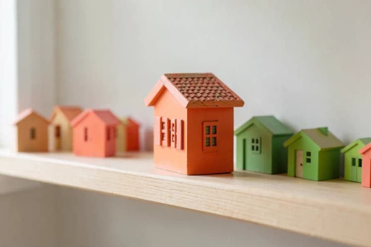 Uma casa de brinquedo sendo colocada em uma prateleira com outras casas de brinquedo