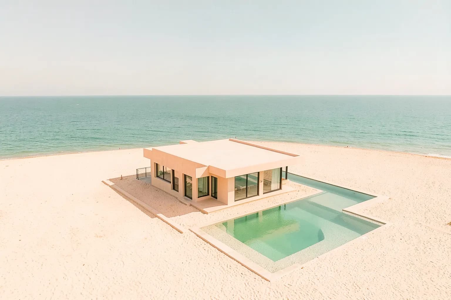 Vista aérea de uma casa de praia moderna com piscina e mar ao fundo