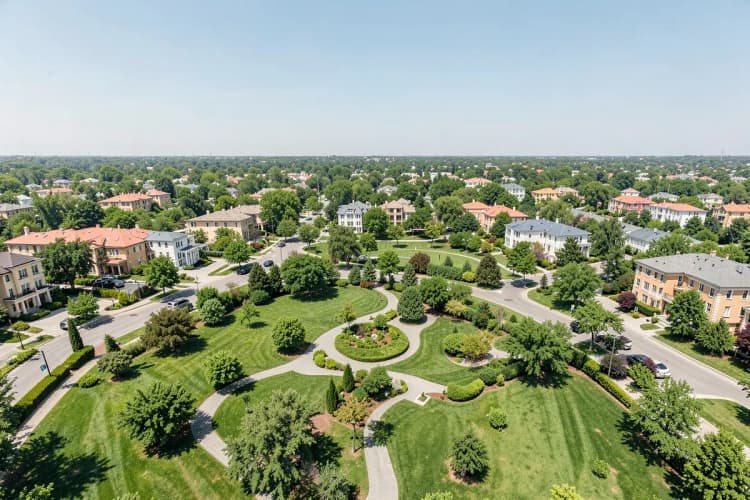 Vista aérea de um bairro nobre com mansões e áreas verdes planejadas
