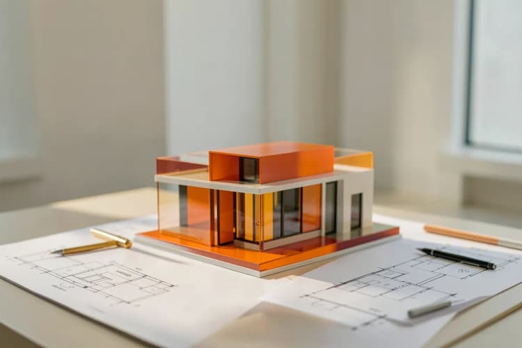 Maquete de um imóvel de luxo em um escritório de arquitetura com plantas e ferramentas