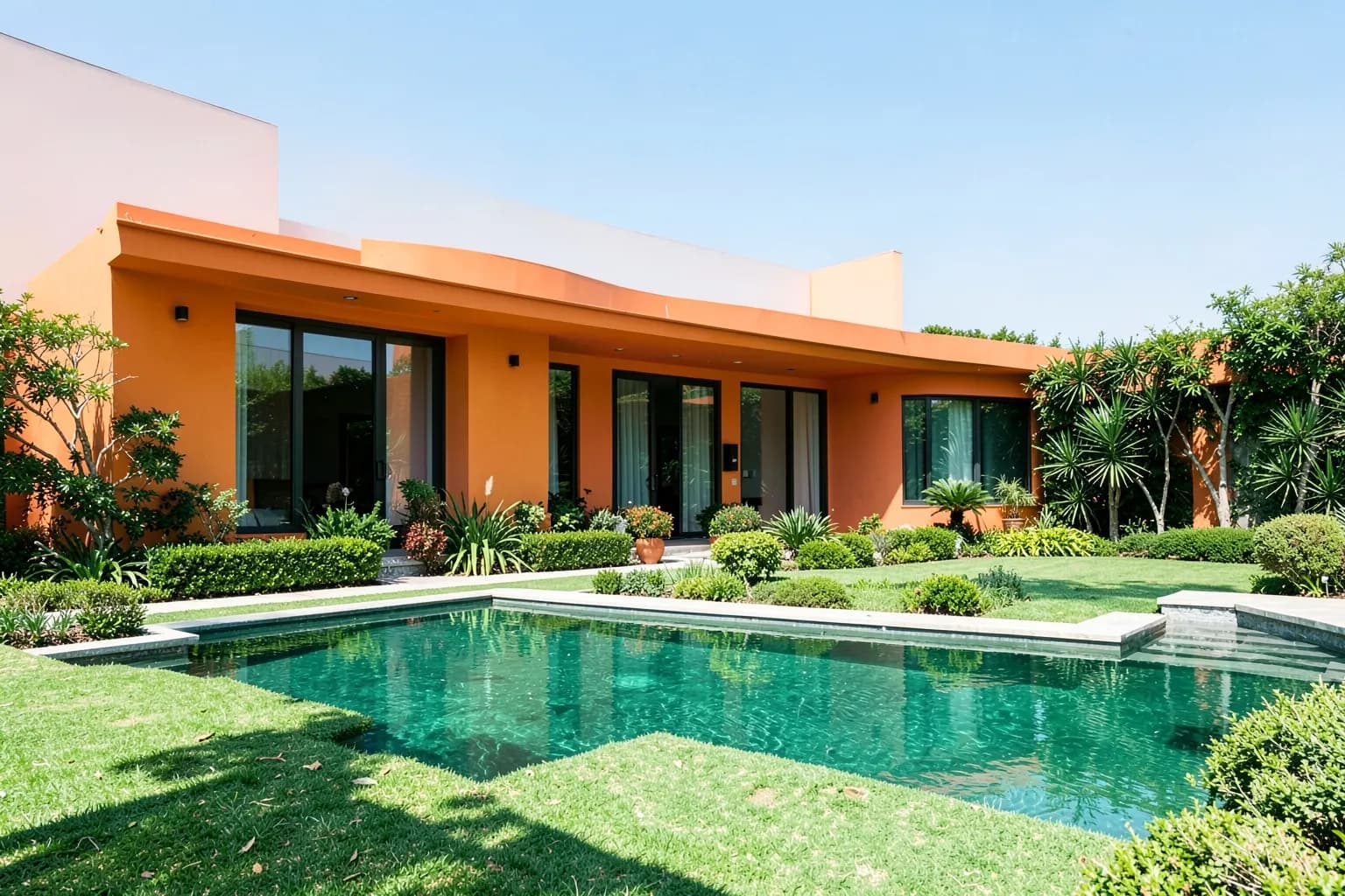 Fachada de mansão moderna com piscina e paisagismo exuberante