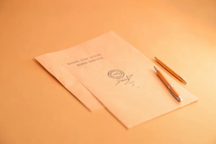 Um documento com um carimbo oficial e uma caneta ao lado.