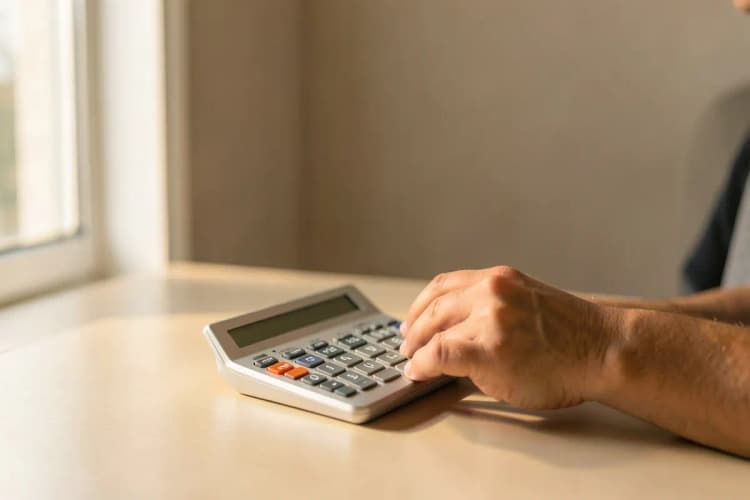 Uma pessoa usando uma calculadora para planejar finanças.