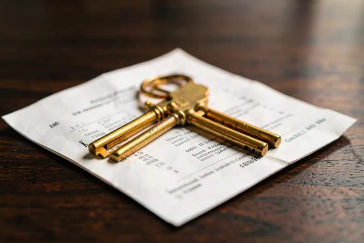 Close-up de chaves douradas sobre um contrato de financiamento imobiliário em cima de uma mesa de madeira escura.