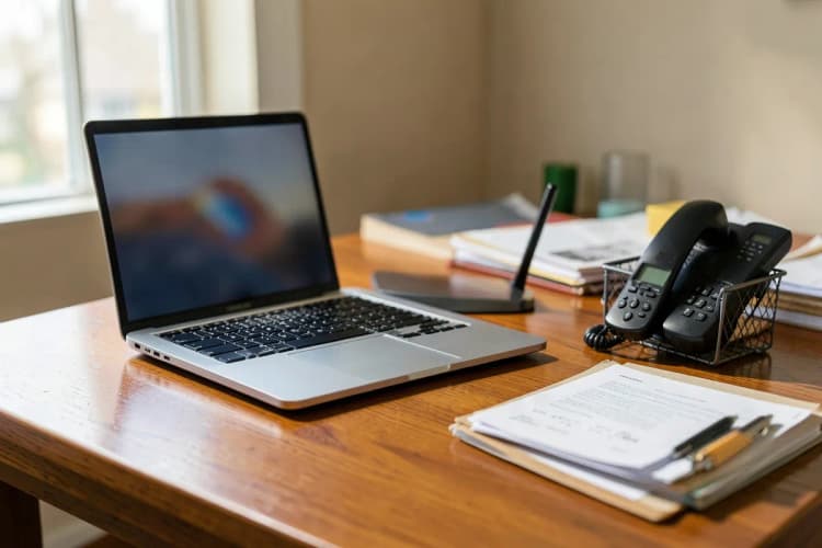 Uma mesa de escritório com um laptop aberto, um telefone e documentos organizados, com uma janela ao fundo.