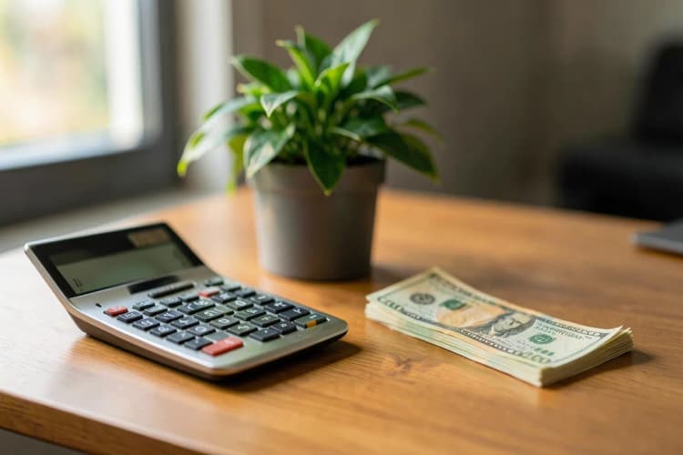 Uma calculadora financeira ao lado de notas de dinheiro e uma planta pequena em um escritório moderno.