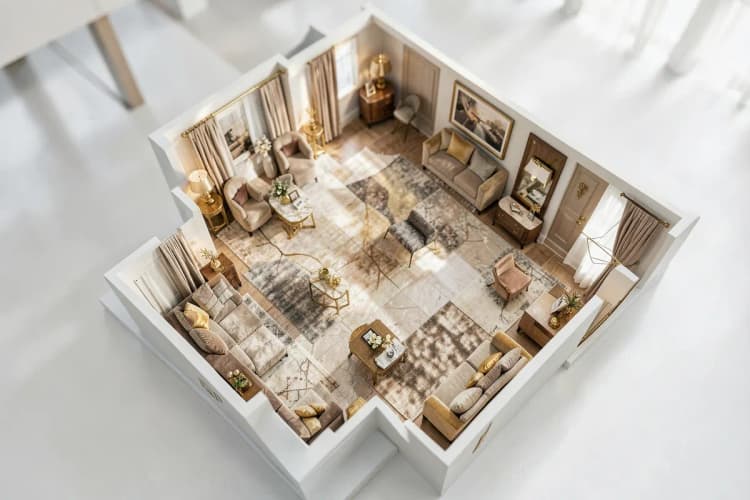 Uma planta de apartamento de alto padrão com detalhes em dourado e móveis sofisticados.