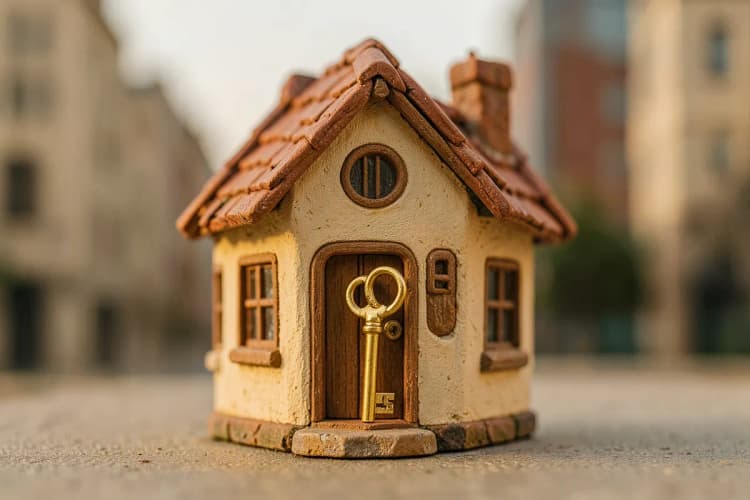 Uma casa em miniatura com uma chave dourada na porta, sobre um fundo desfocado de prédios.