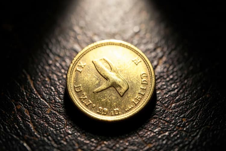 Uma única moeda de ouro brilhante em destaque sobre um fundo escuro e texturizado.