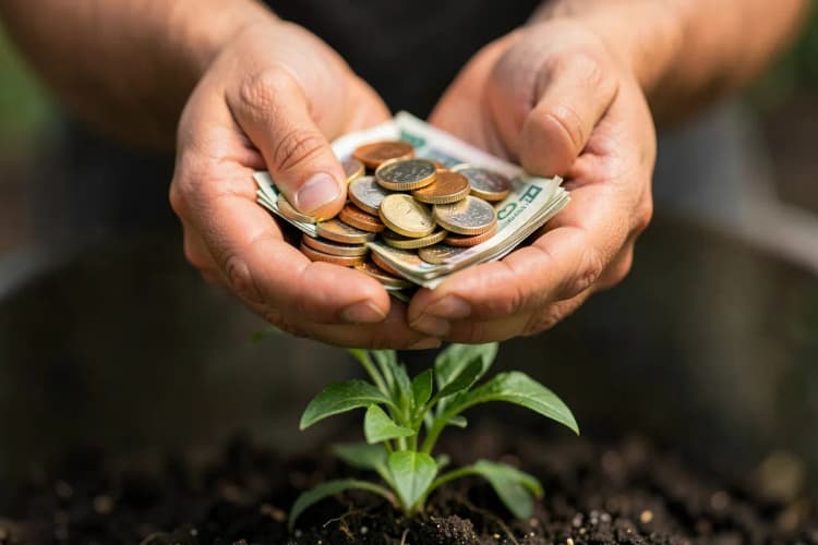 Mãos segurando moedas e notas de dinheiro sobre uma planta crescendo