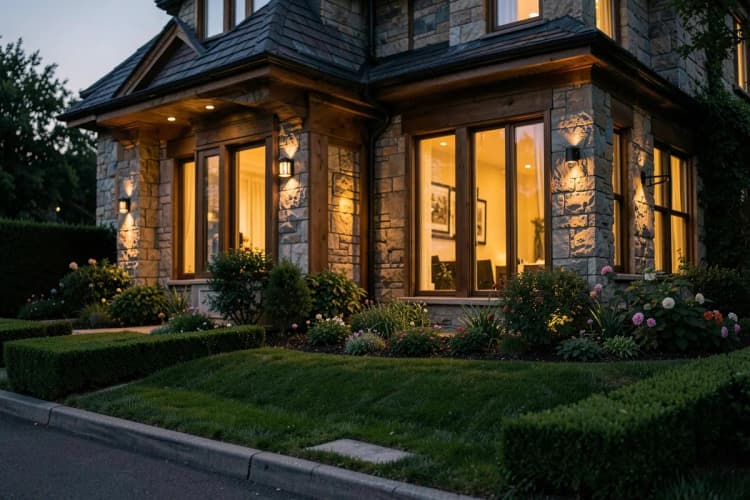 Fachada de uma casa de luxo com iluminação noturna suave