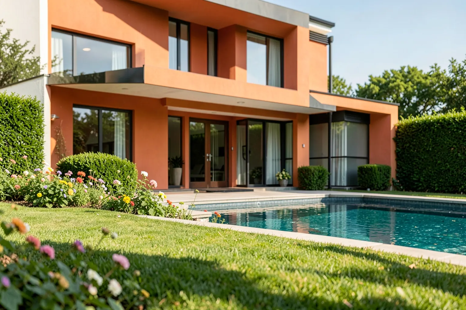 Fachada de casa moderna com jardim e piscina em dia ensolarado