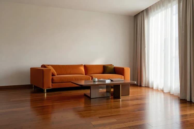 Sala de estar sofisticada com móveis de design, piso de madeira e iluminação sutil.