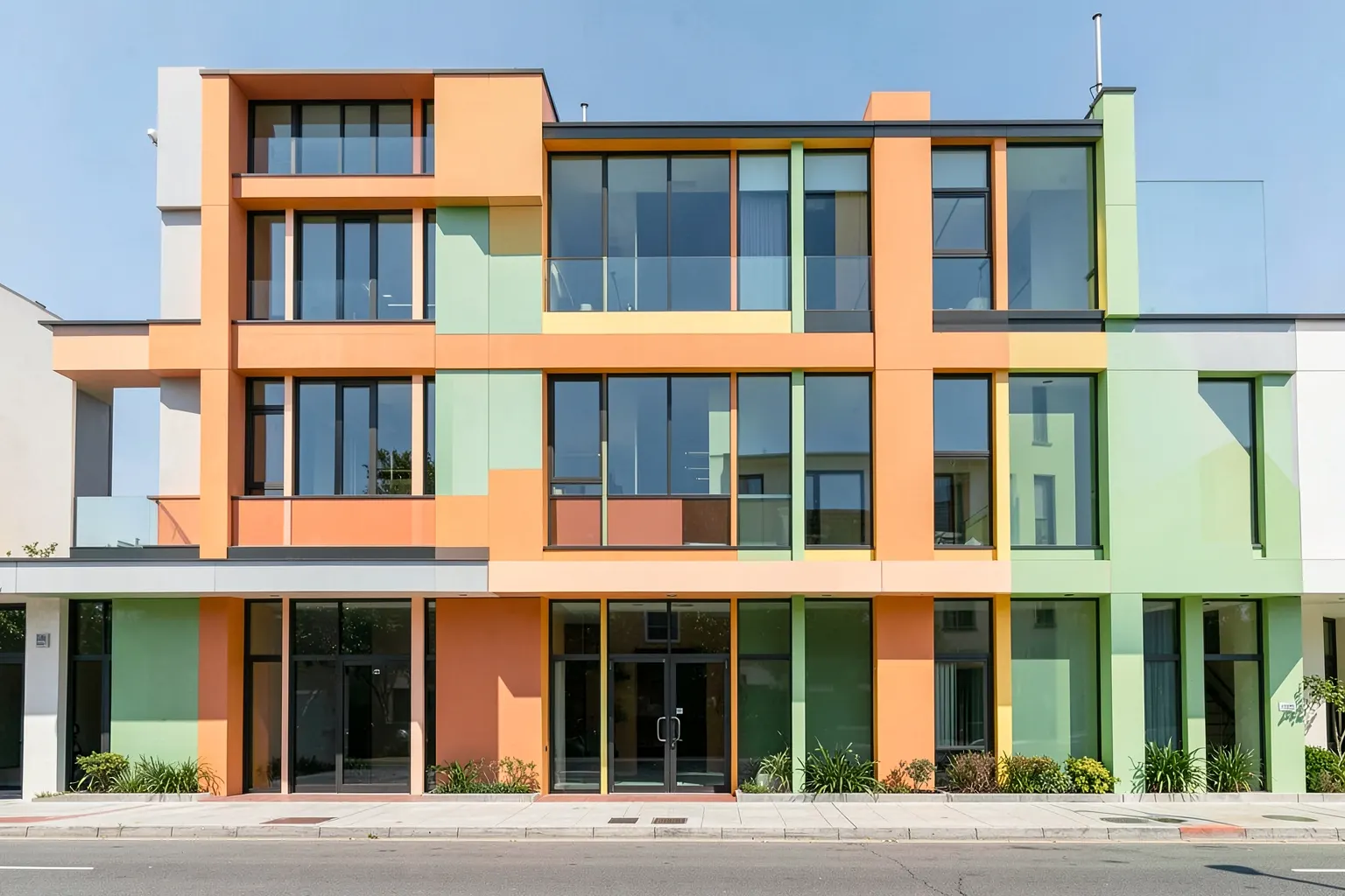 Fachada de um prédio de luxo com arquitetura moderna e janelas amplas, sob um céu azul claro.
