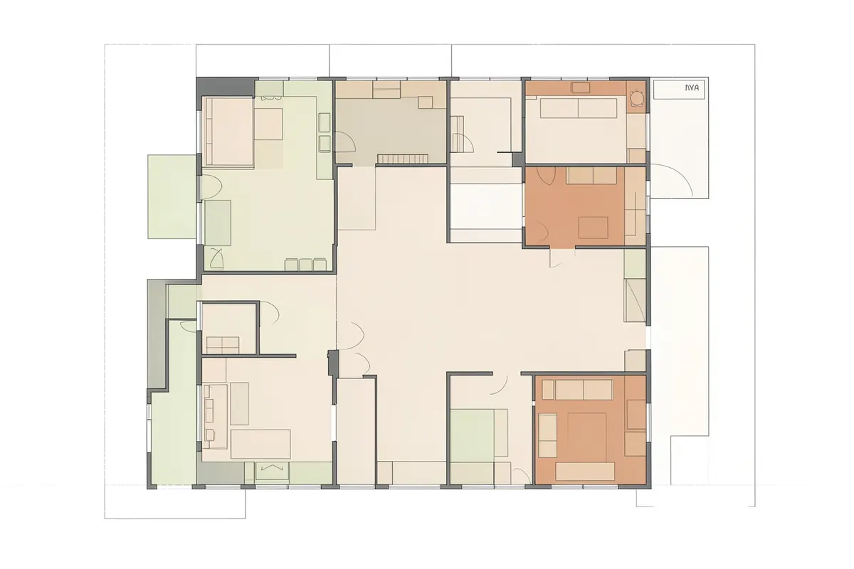 Planta baixa de uma casa com vários cômodos e áreas de convivência bem definidas.