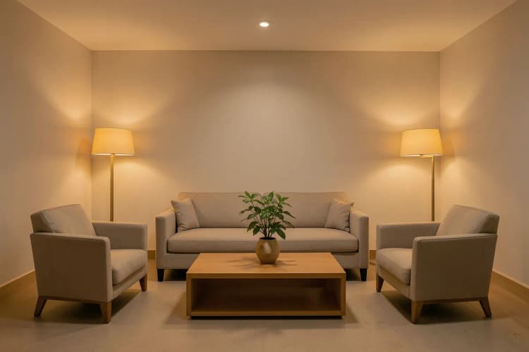 Uma sala de estar confortável com sofá, poltronas e objetos de decoração.