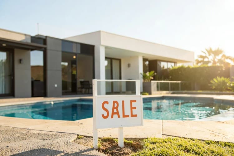 Placa de "Vende-se" em frente a uma casa moderna com piscina