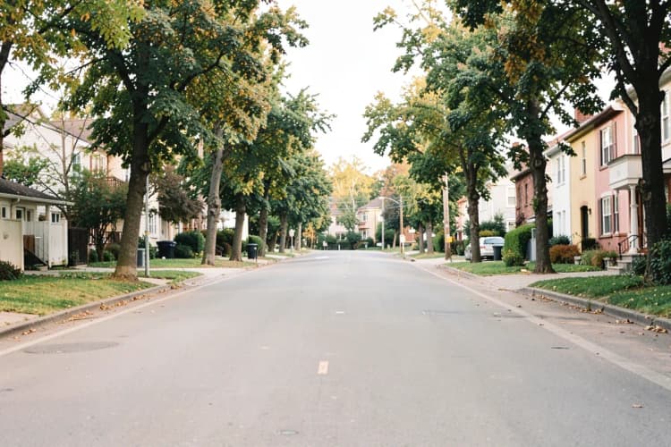 Rua arborizada com casas e apartamentos em um bairro tranquilo