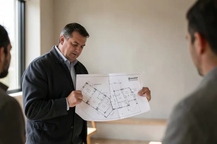 Corretor de imóveis mostrando plantas de casas para um cliente