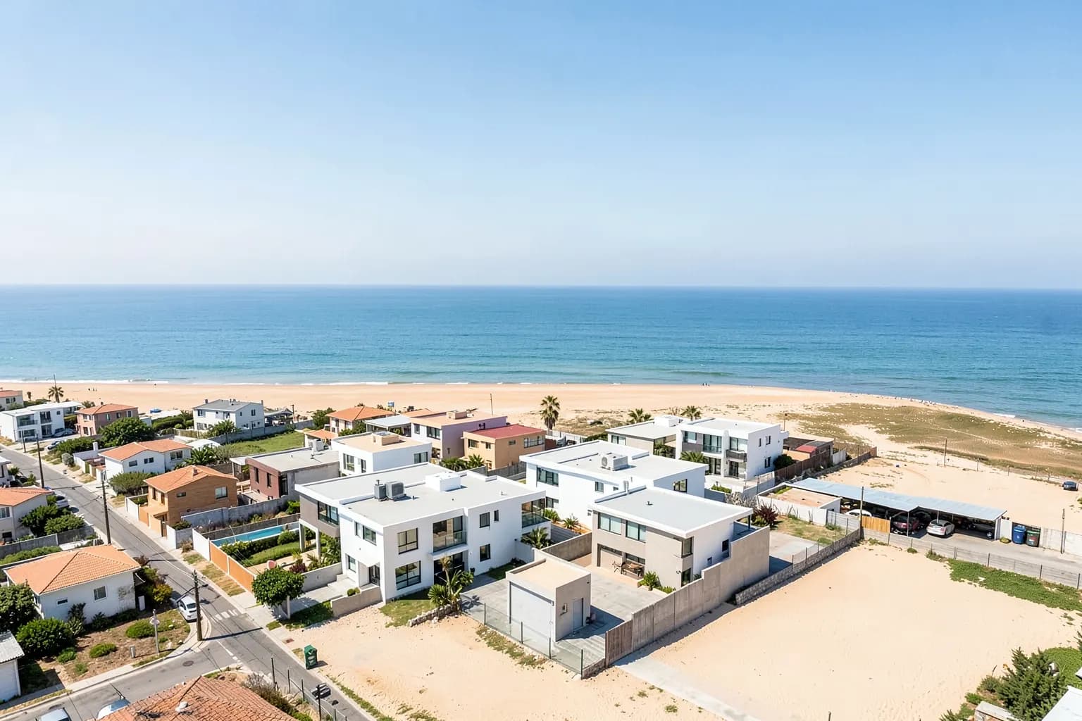 Vista aérea de casas e prédios em uma área costeira com praia e mar ao fundo